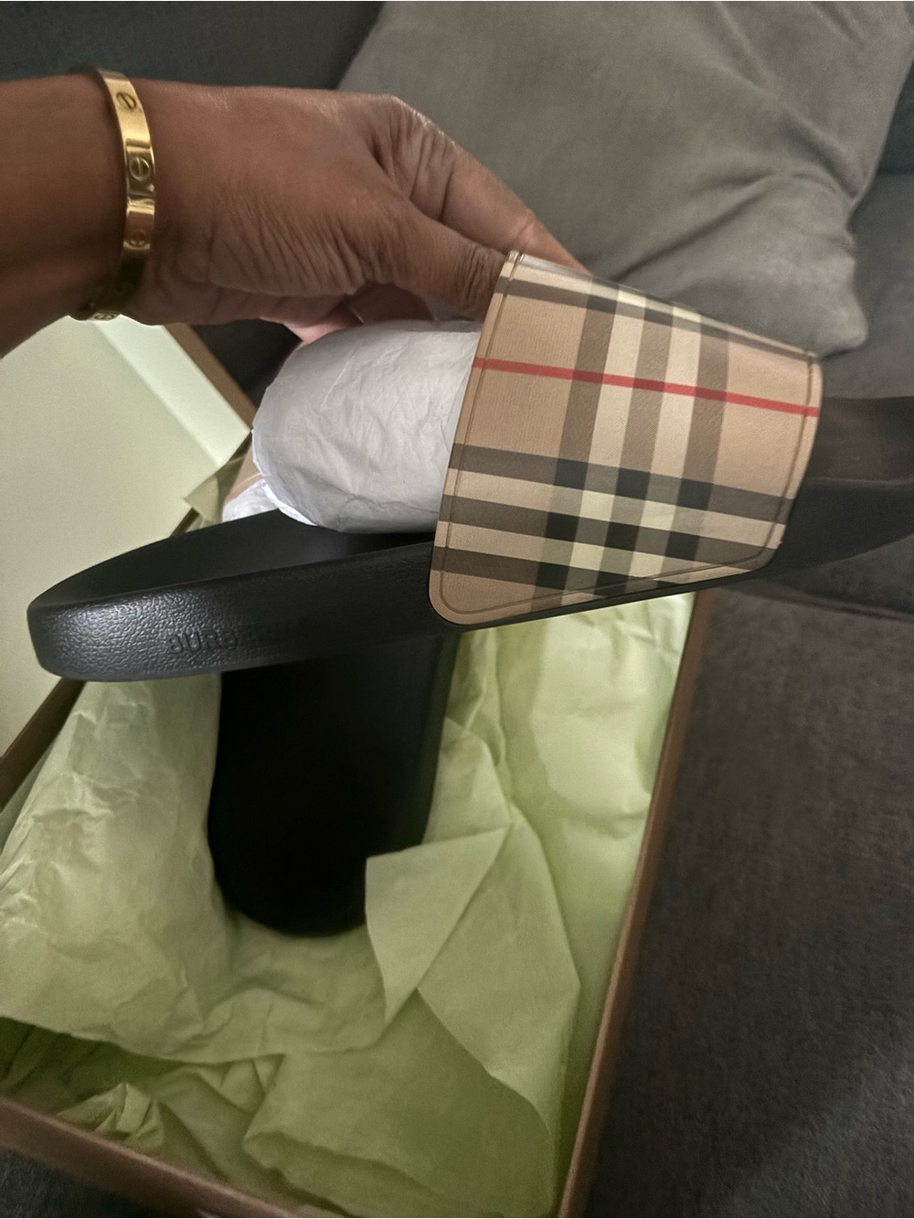 Burberry Beige Nova Check Slide Sandals with Black Footbed - Picture 2 of 7